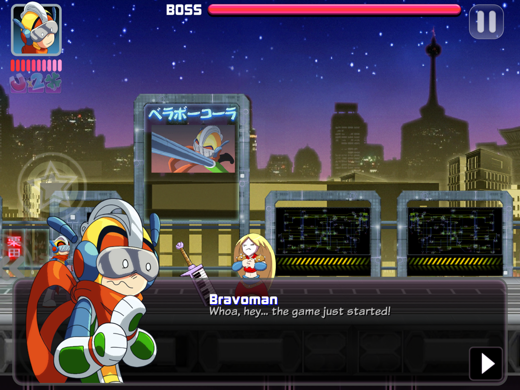Bravoman: Binja Bash! (iPad) screenshot: And so the game begins... with a boss battle?!?