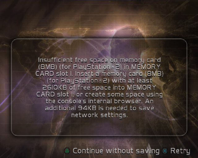 Cold Winter (PlayStation 2) screenshot: Before the game starts it checks the player's memory cards. Quite a bit of space is needed for a save game