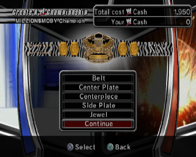 WWE Smackdown vs. Raw 2006 (PlayStation 2) screenshot: The player can create their own championship. This of course requires a belt and again there are many customisation options. Here zebra skin with a golden eagle motif has been chosen, classy yet under