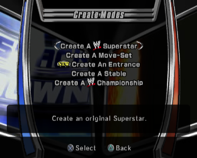 WWE Smackdown vs. Raw 2006 (PlayStation 2) screenshot: The Create menu is accessed from the Main menu. Here the player can create new players, customise their moves, appearance and more