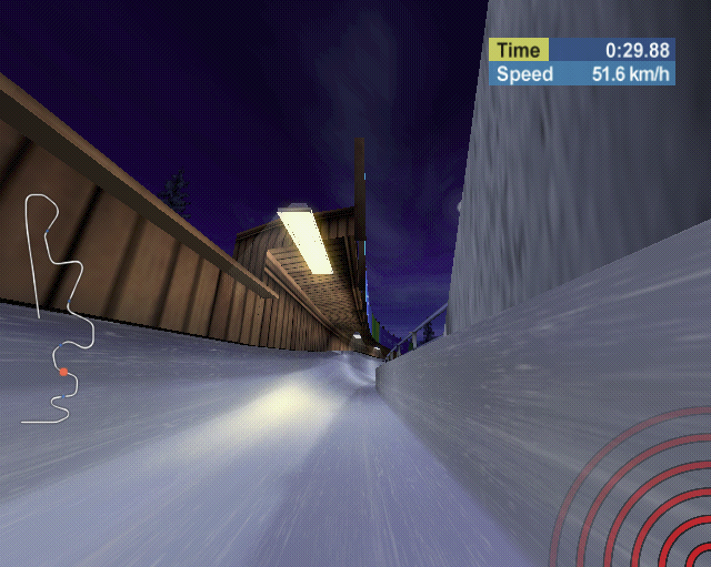 Torino 2006 (PlayStation 2) screenshot: Hurtling down the luge. The red in the lower right means that the player is making a noise which is bad because it means they are losing speed