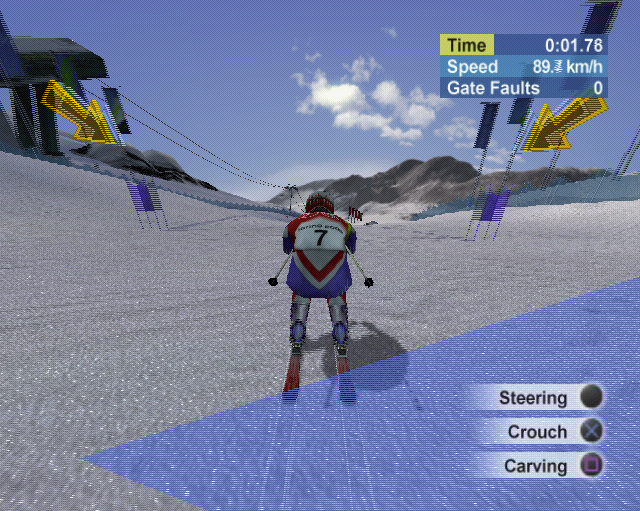 Torino 2006 (PlayStation 2) screenshot: The start of the Alpine Skiing event. The arrows direct the player towards the gates on the slope