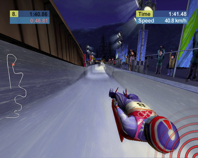 Torino 2006 (PlayStation 2) screenshot: Alternate point of view in the luge. The red in the lower right means that the player is making a noise which is bad because it means they are losing speed