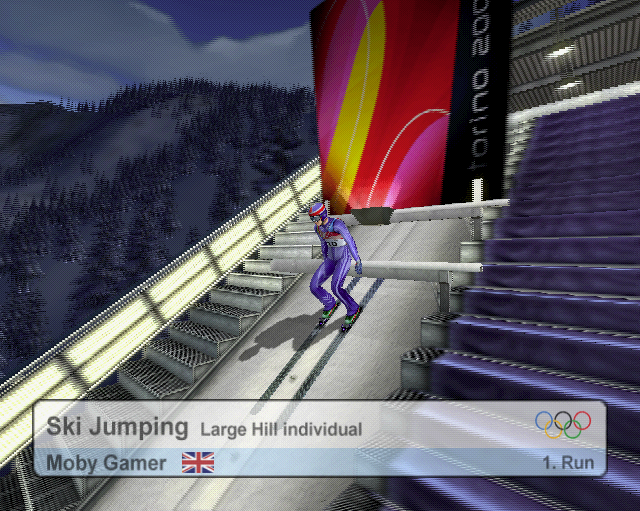 Torino 2006 (PlayStation 2) screenshot: Preparing for the Ski Jump. The player has the choice of the normal hill or this, the big hill