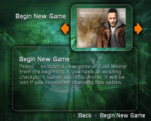 Cold Winter (PlayStation 2) screenshot: The game can be played with the default 'Agent Sterling' profile, as is being done here, or the player can create a new one. The next screen is where the player selects the difficulty level.