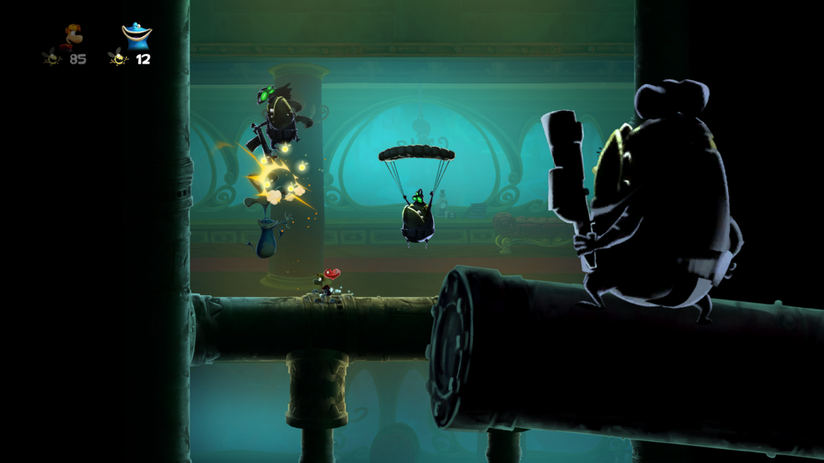 Rayman Legends (Windows) screenshot: The toad from the foreground is about to jump straight into the action