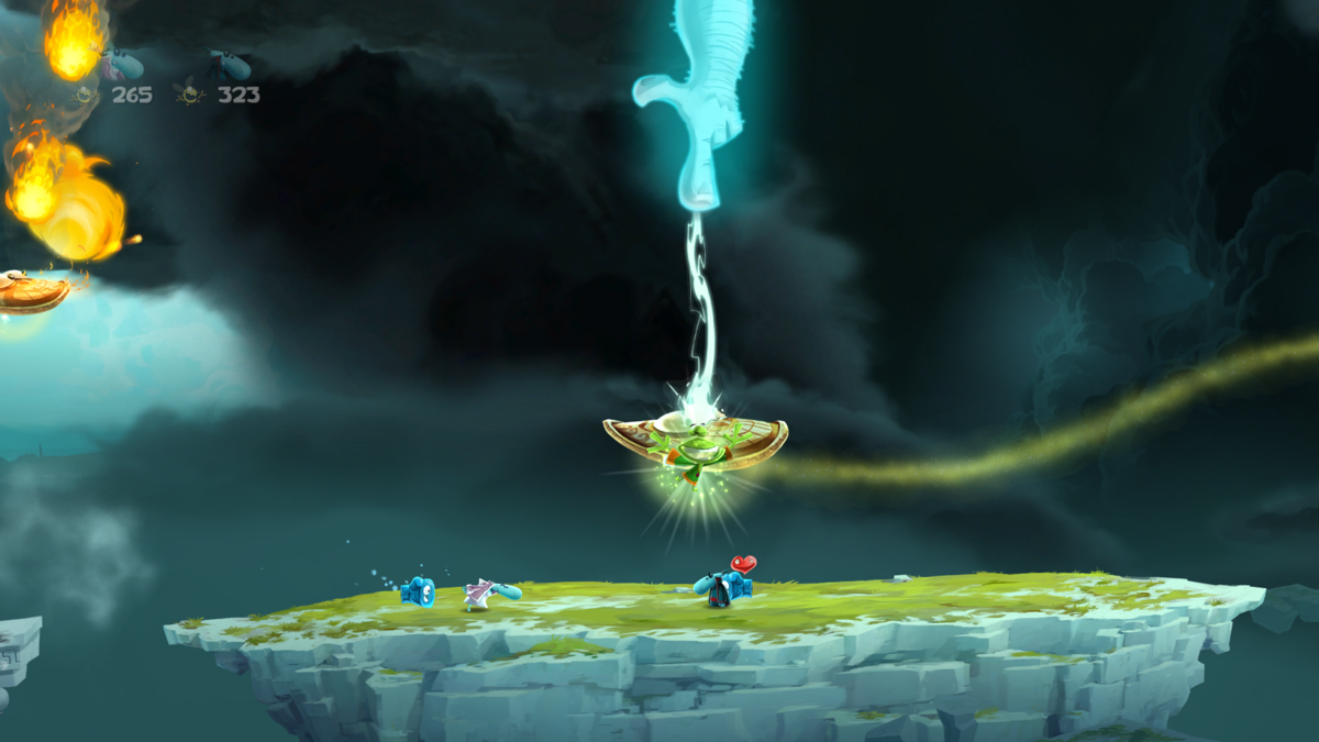 Rayman Legends (Windows) screenshot: Hiding from a spiteful deity's finger