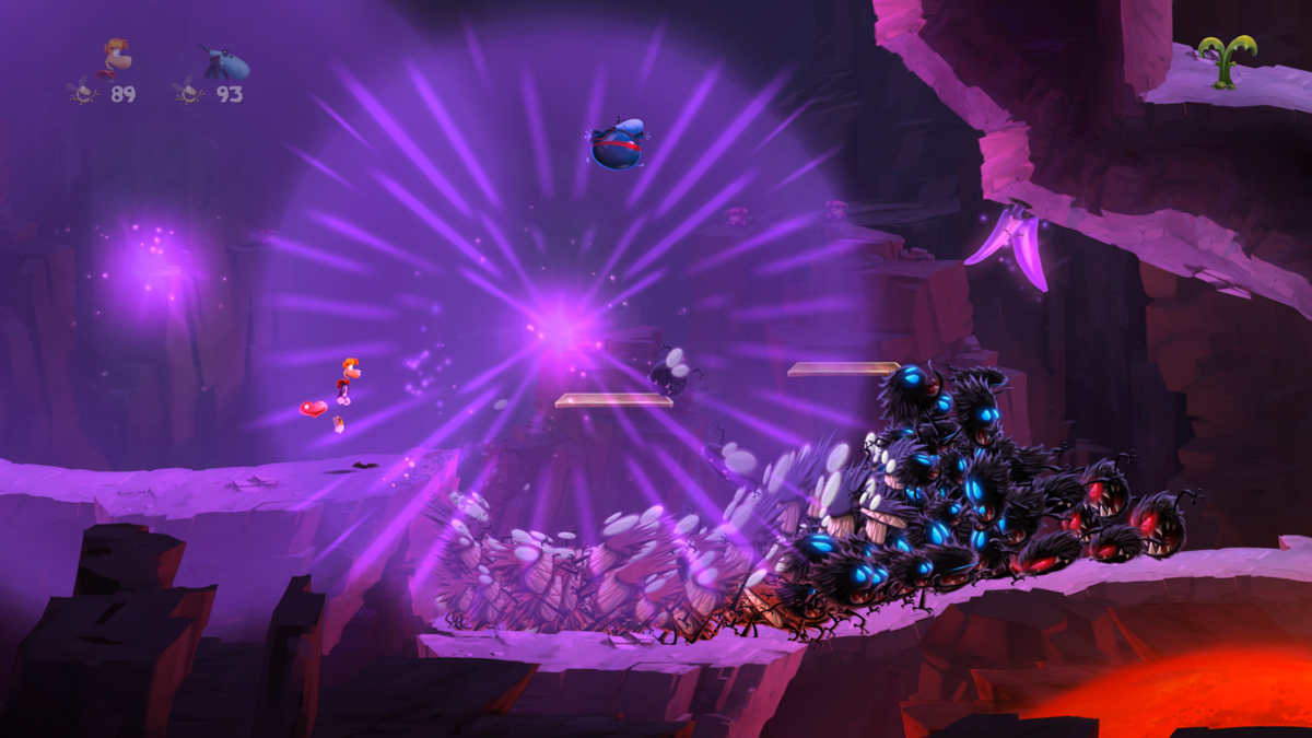 Rayman Legends (Windows) screenshot: The only way to stop these creatures is to hit that purple pepper-like thing