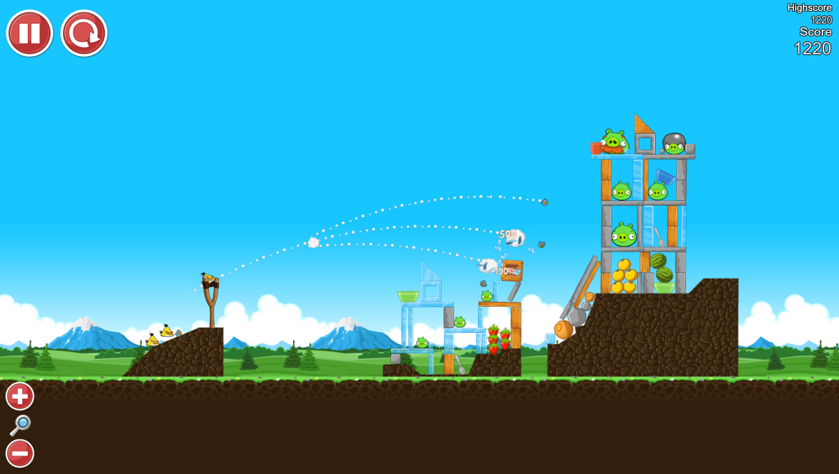 Angry Birds: Breakfast 1 (Windows) screenshot: Level 5 - blue bird divided into three birds