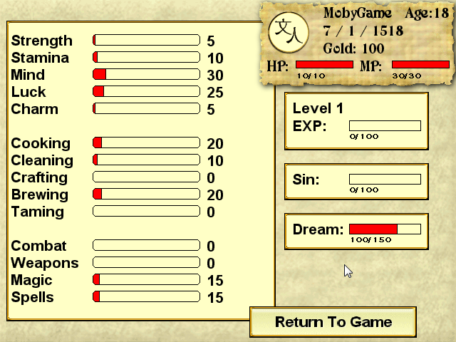 Cute Knight Deluxe (Windows) screenshot: Your character sheet. Obviously she needs some training before she's ready to achieve anything.