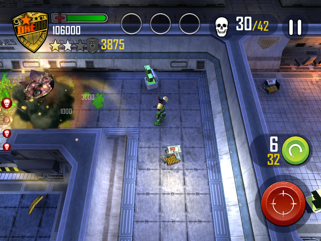 Judge Dredd vs Zombies (iPad) screenshot: That's some explosive justice.