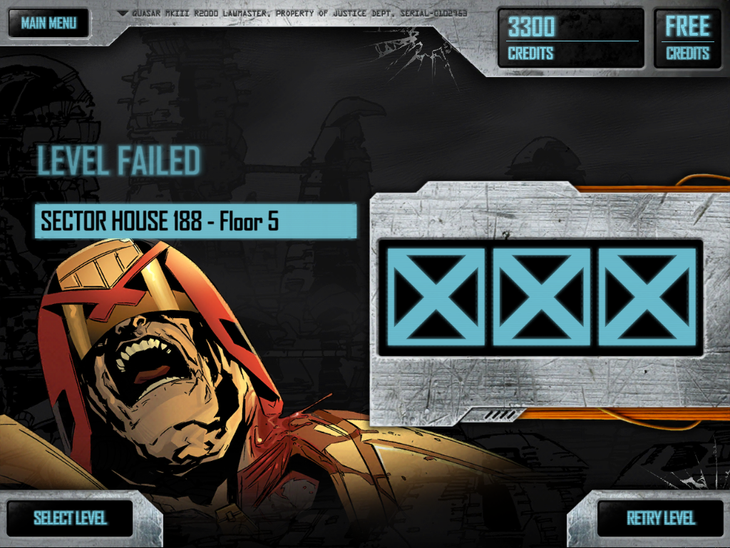 Judge Dredd vs Zombies (iPad) screenshot: Game over!