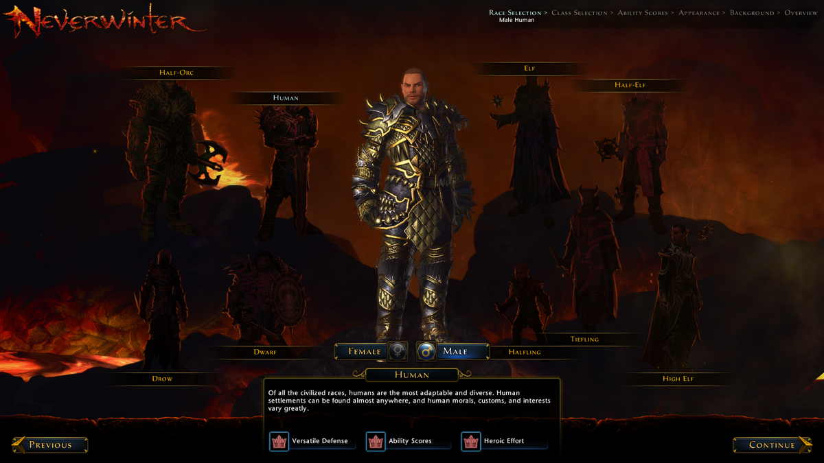 Neverwinter (Windows) screenshot: First player have to select a race...