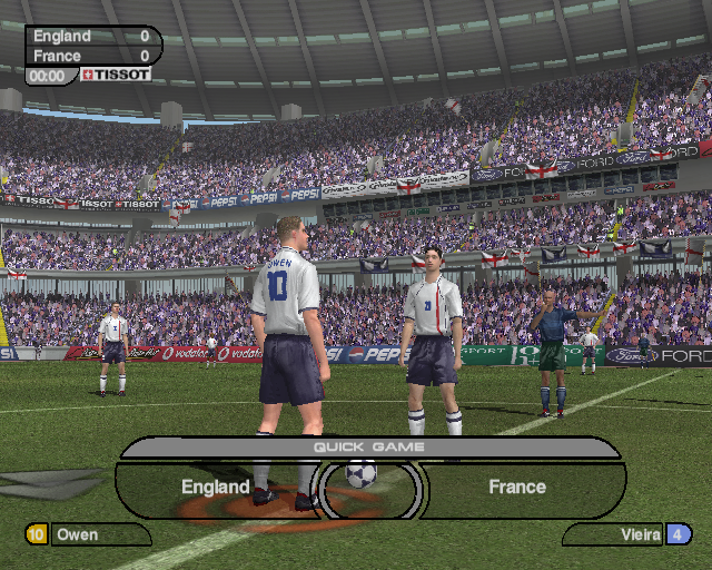 World Tour Soccer 2002 (PlayStation 2) screenshot: The usual animated sequence that swoops around the stadium and shows the players taking the field precedes the kick off