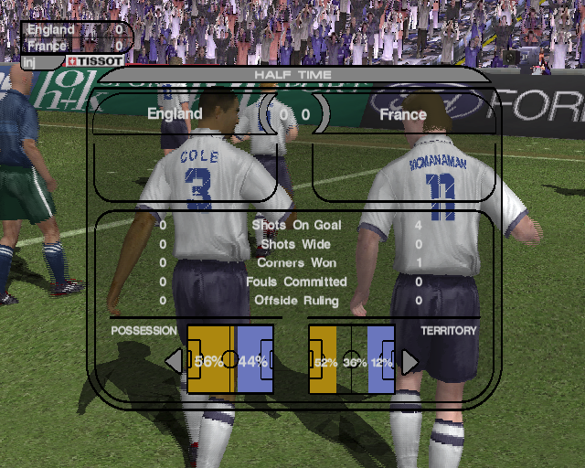 World Tour Soccer 2002 (PlayStation 2) screenshot: Half time and the players leave the field Demo version