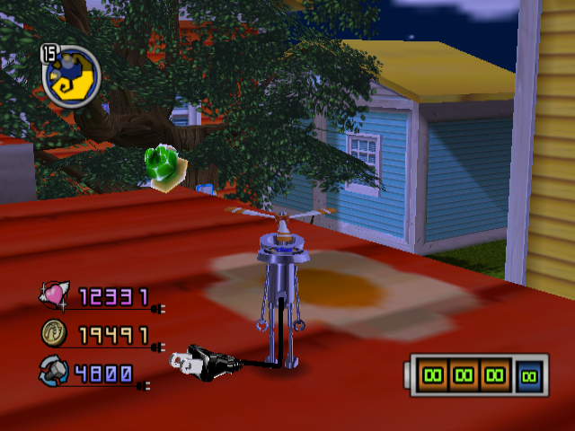 Chibi-Robo! Plug into Adventure! (GameCube) screenshot: You've climbed far - to the roof of the house! You get a great view from there. Note the time has passed and now it's night...