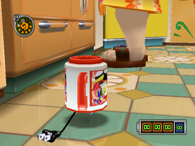 Chibi-Robo! Plug into Adventure! (GameCube) screenshot: What's better for stealthy action than covering yourself with a mug and sneaking past the lady of the house in the kitchen?