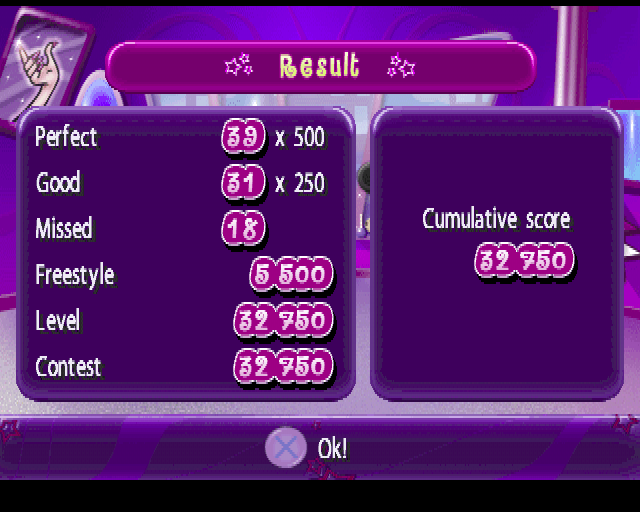 Bratz (PlayStation) screenshot: In Contest mode. After each song there's a display of the current score.