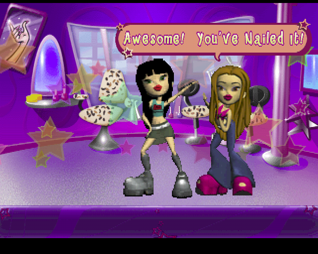 Bratz (PlayStation) screenshot: In Contest mode with Jade. After each contest the Bratz say how well the player did. As the player progresses more Bratz appear to congratulate them