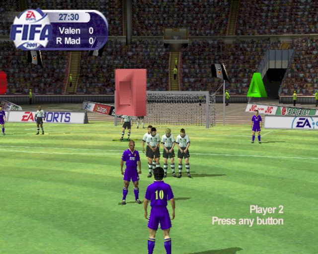 FIFA 2001: Major League Soccer (PlayStation 2) screenshot: A free kick. I swear it was a genuine tackle Demo version