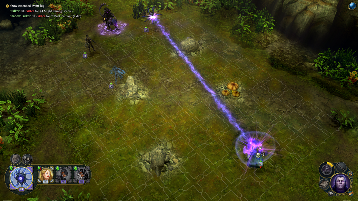 Might & Magic: Heroes VI - Shades of Darkness (Windows) screenshot: The Shadow Lurker shoots purple laser beams with his eye
