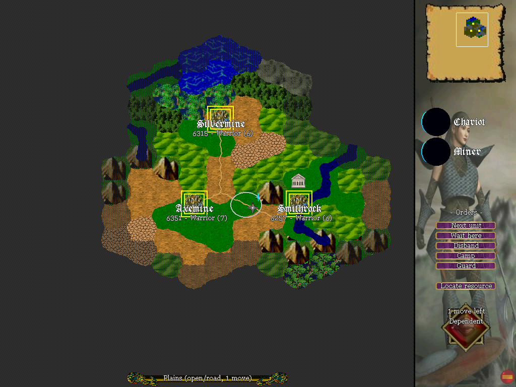 Leylines (Windows) screenshot: Main screen. Minimap and unit abilities are visible to the right. Different terrain requires different amount of movement points and some terrain is impassable for most units.