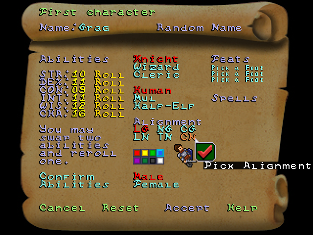 Knights of the Chalice (Windows) screenshot: Creating your characters. The game adheres to 3E D&D rules, but with some minor changes.