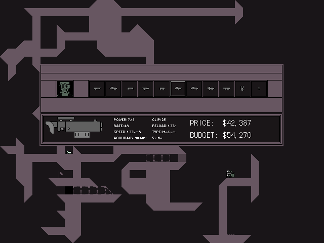 Krebswelte (Windows) screenshot: A gun vendor. The guns are generated procedurally, as is the vendor's face.