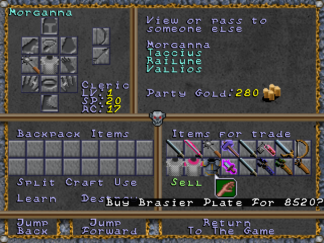 Knights of the Chalice (Windows) screenshot: You can buy or sell equipment, but merchants have only a modest selection of items.