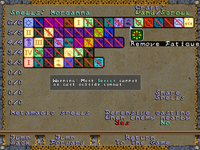 Knights of the Chalice (Windows) screenshot: A cleric's spellbook. Unlike classic 3E D&D, in this game all spellcasters learn spells from scrolls (like wizards) and cast them without preparation (like sorcerers).