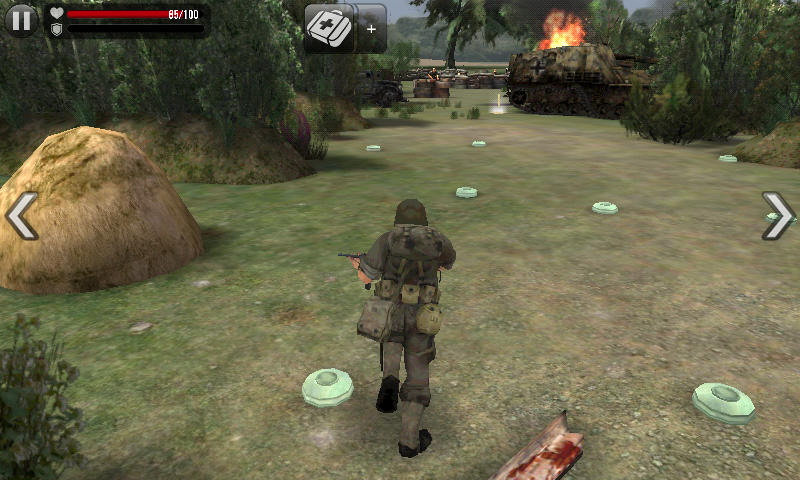 Frontline Commando: D-Day (Android) screenshot: Running through a minefield