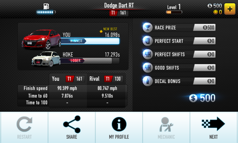 CSR Racing (Android) screenshot: Race results