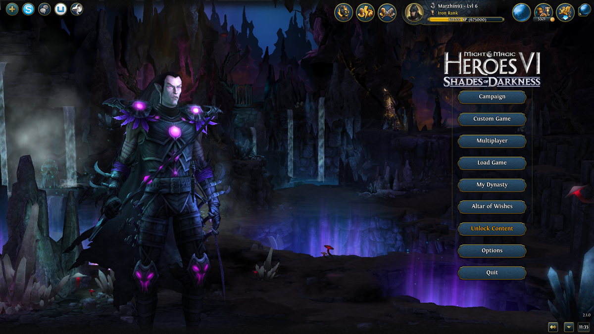 Might & Magic: Heroes VI - Shades of Darkness (Windows) screenshot: New Dark Elf themed main menu