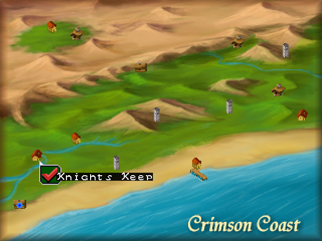 Knights of the Chalice (Windows) screenshot: The world map allows you to travel to dungeons, towns and other important places.