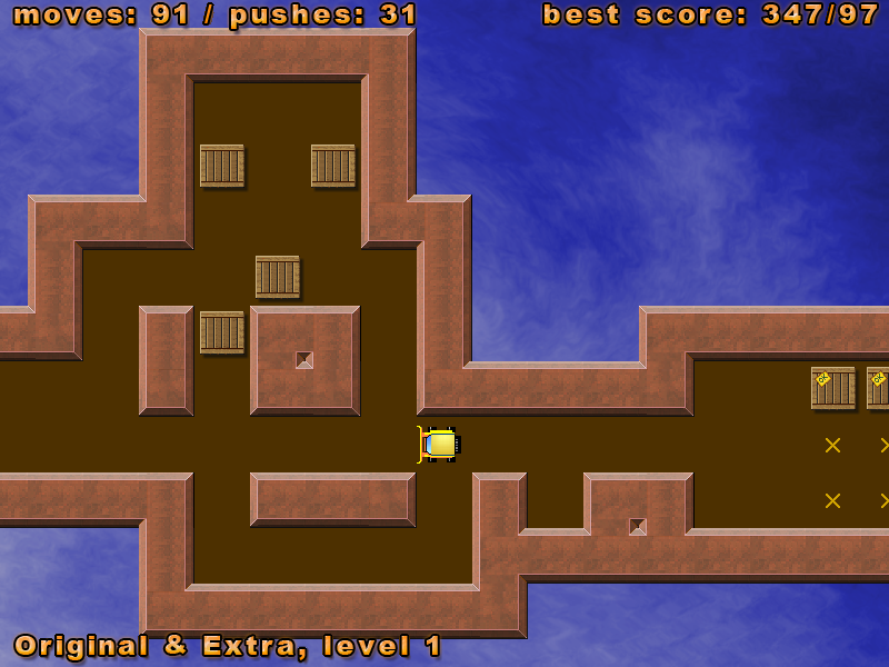 Simple Sokoban (Windows) screenshot: The 1st level of the "original" levels set.
