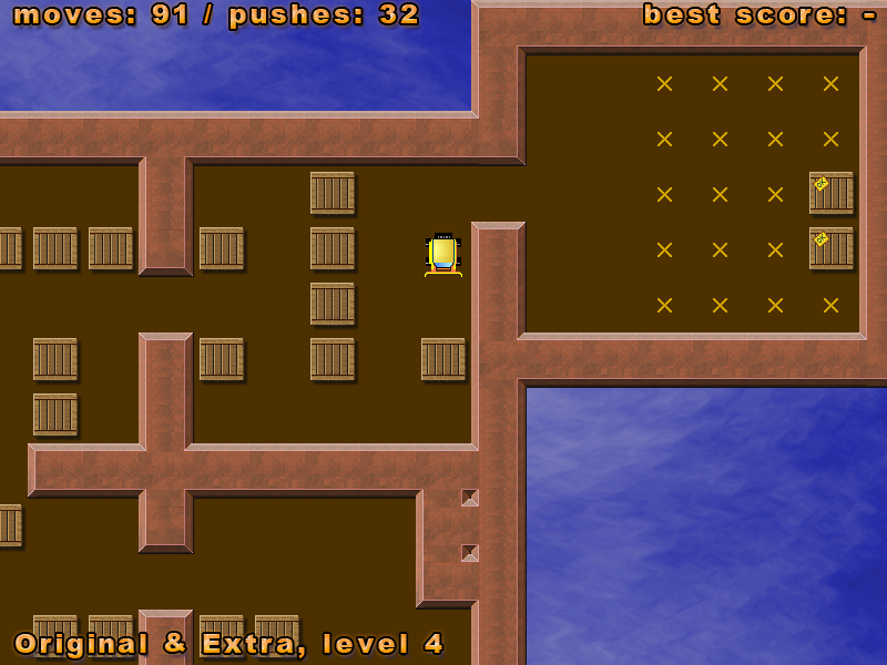 Simple Sokoban (Linux) screenshot: Two boxes done - 17 left to go!