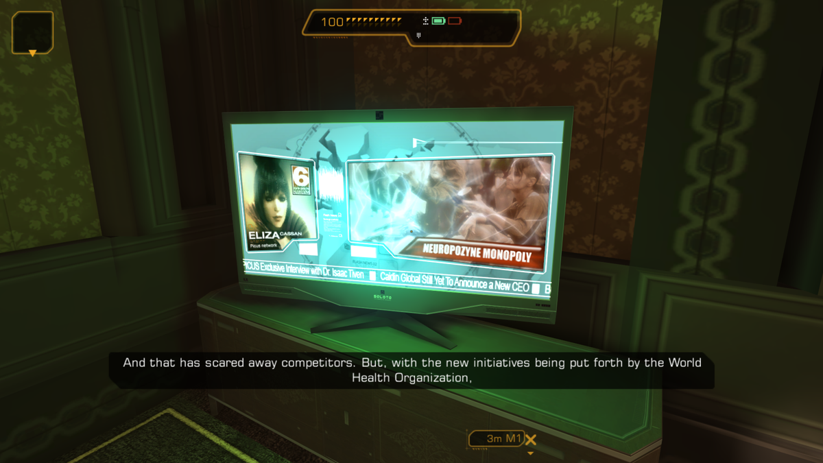 Deus Ex: The Fall (Windows) screenshot: News with Eliza Cassan