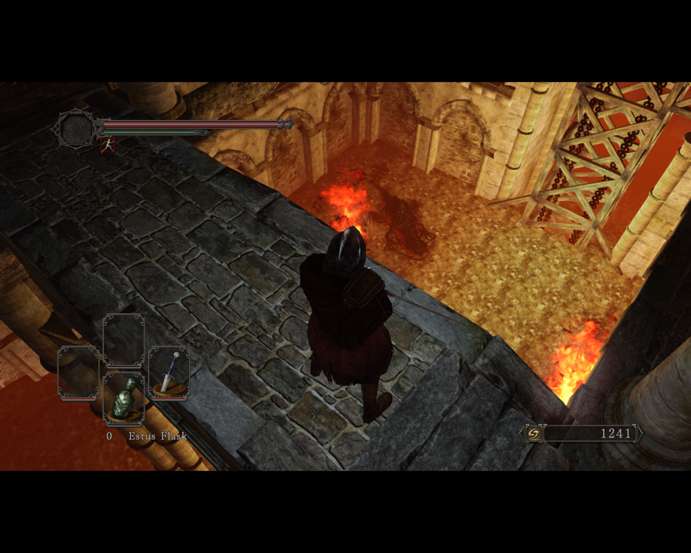 Dark Souls II (Windows) screenshot: Cardinal Tower - looking down from a bridge, a fire salamander below!