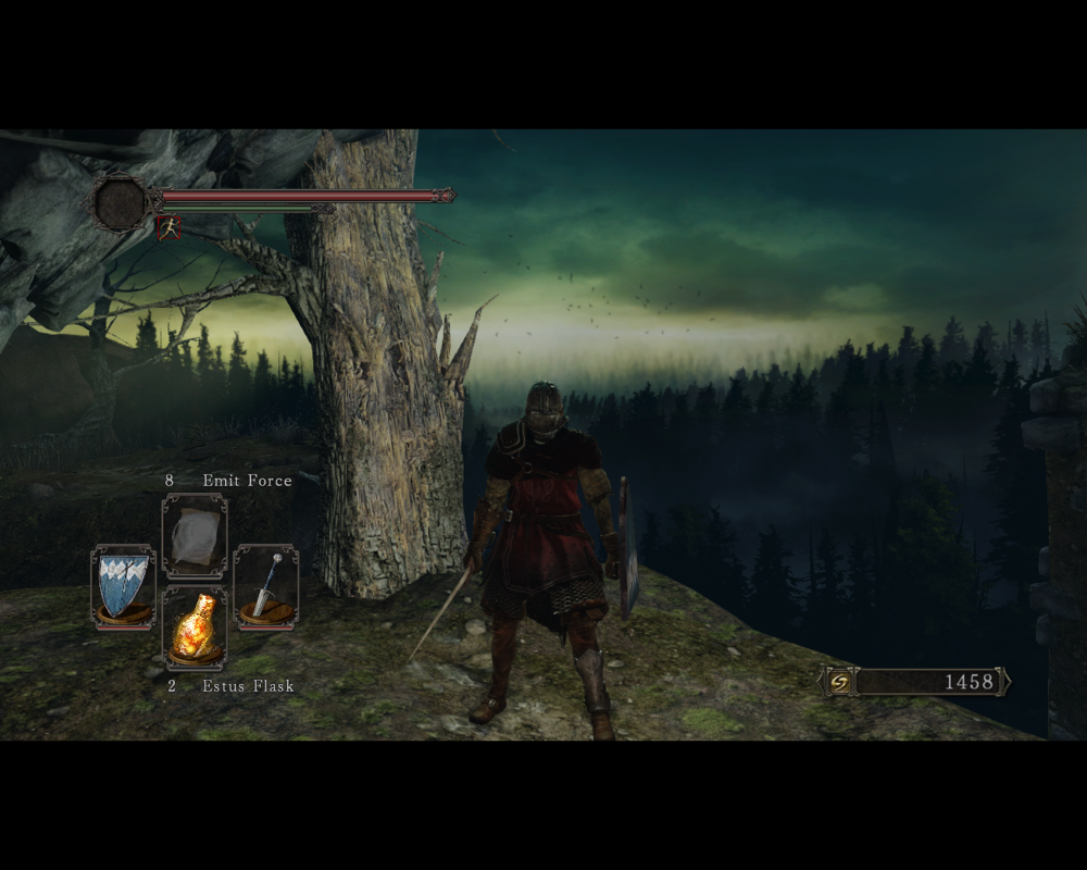 Dark Souls II (Windows) screenshot: A desolate view over a dead forest