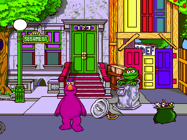Sesame Street: Letters (Windows) screenshot: Here we are on Sesame Street. The purple character is called Telly