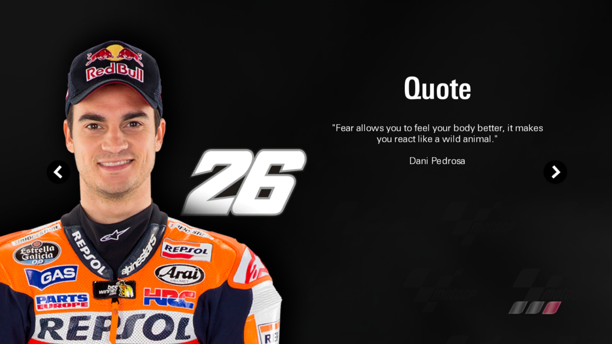 MotoGP 13 (Windows) screenshot: There are quotes from famous riders