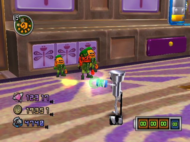 Chibi-Robo! Plug into Adventure! (GameCube) screenshot: You'll acquire a weapon - Chibi Blaster - at some point. You try using it on innocent weird guys. There is no effect