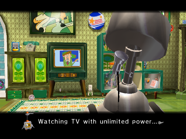 Chibi-Robo! Plug into Adventure! (GameCube) screenshot: Bizarre TV-watching - one of the many weirdly humorous scenes in this game