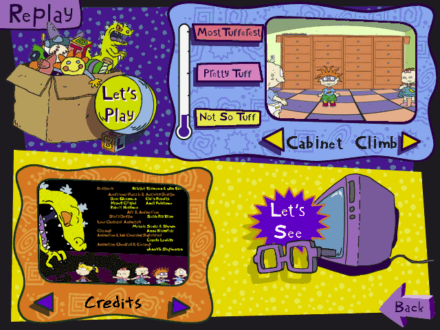 Rugrats Adventure Game (Windows) screenshot: When restarting a game it is possible to see the unlocked cut-scenes again and to replay some of the puzzles