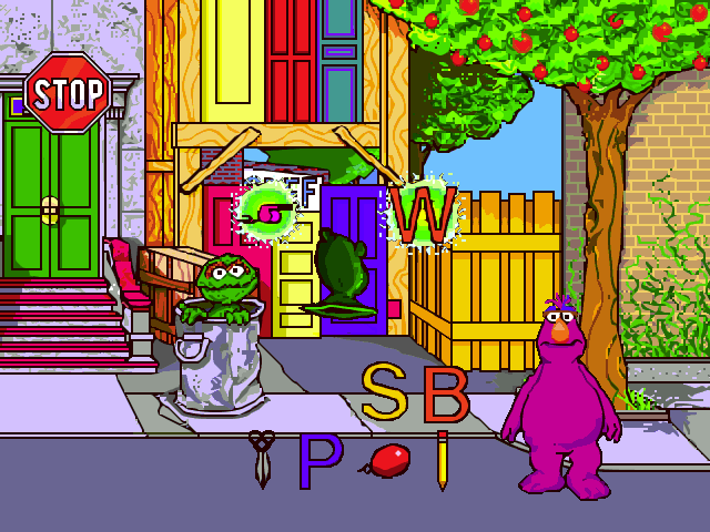Sesame Street: Letters (Windows) screenshot: The Grinch's Trash Bag game. Very simple game, match the item to it's first letter.