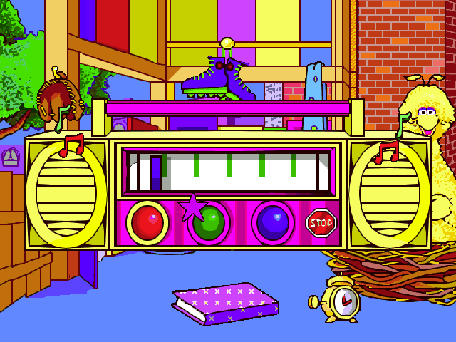 Sesame Street: Letters (Windows) screenshot: Inside Big Bird's Nest. The radio is a hot spot and plays different tunes and news items, apparently the letter 'A' continues to be the first letter of the alphabet.