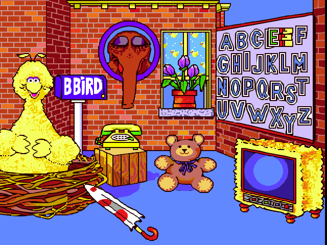Sesame Street: Letters (Windows) screenshot: As with Sesame Street, moving the cursor to the right edge of the screen scrolls the scene and reveals more of Big Bird's Nest