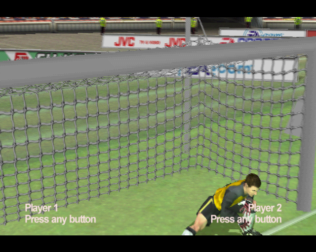 FIFA 2001: Major League Soccer (PlayStation 2) screenshot: The demo version starts with the players on the pitch waiting for the player(s) to activate their controllers