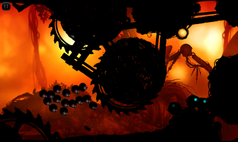 Badland (Android) screenshot: Need some precision tapping to fly under the saw here