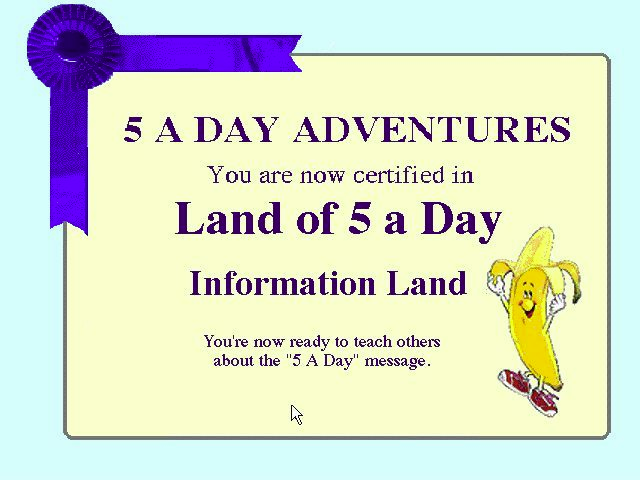 Dole: 5 A Day Adventures (Windows 3.x) screenshot: getting all the questions right in a challenge means the player is Certified in that area.